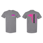 Gray t-shirt with pink and purple text and graphics on a white background