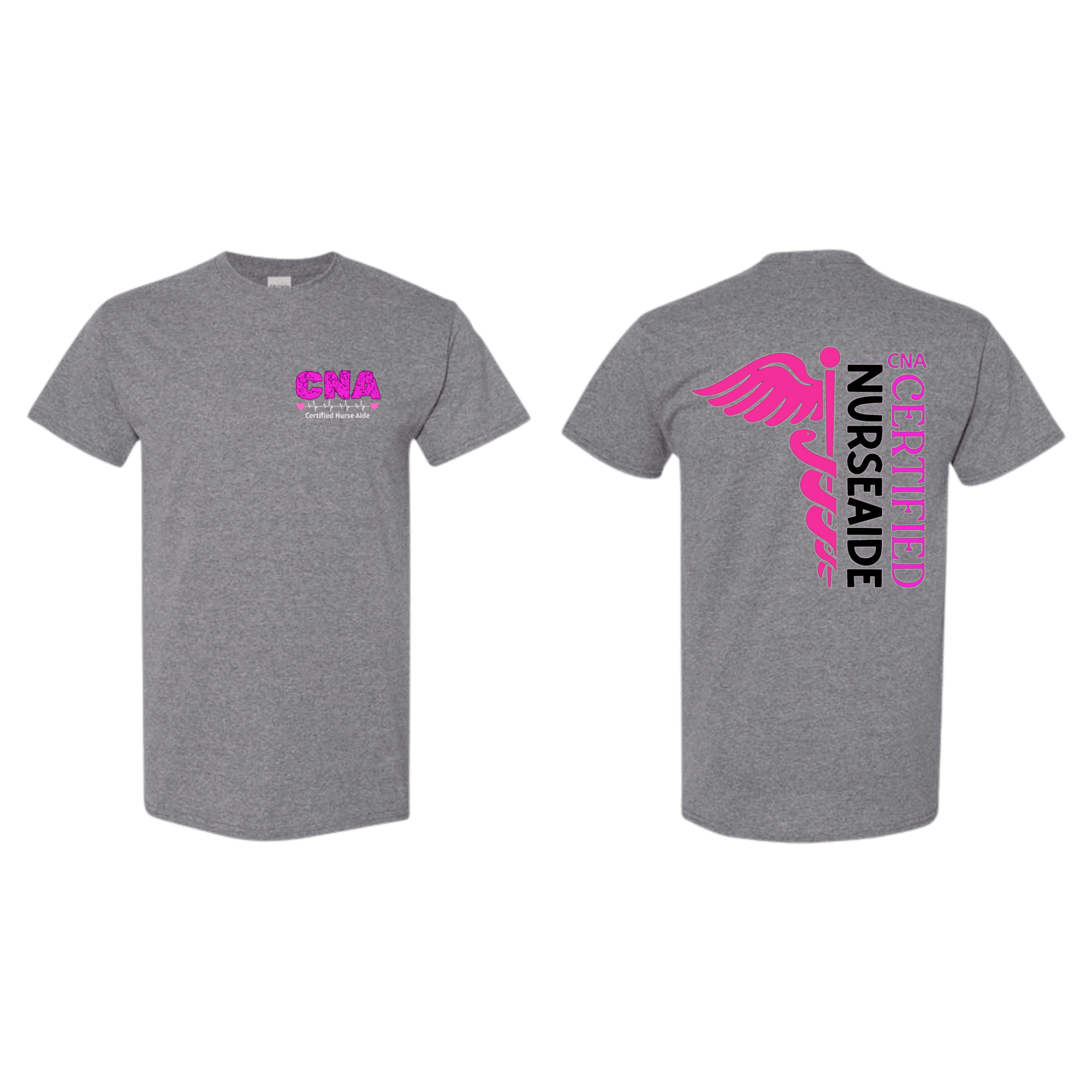 Gray t-shirt with pink and purple text and graphics on a white background