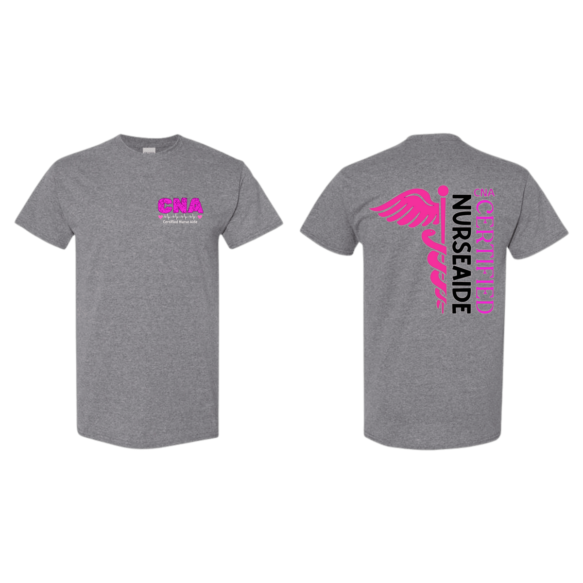 Gray t-shirt with pink and purple text and graphics on a white background