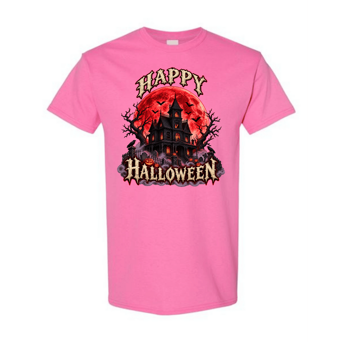 A pink short-sleeve crewneck t-shirt featuring a graphic print of a haunted house in front of a red full moon with the words 'HAPPY HALLOWEEN' in a stylized font.