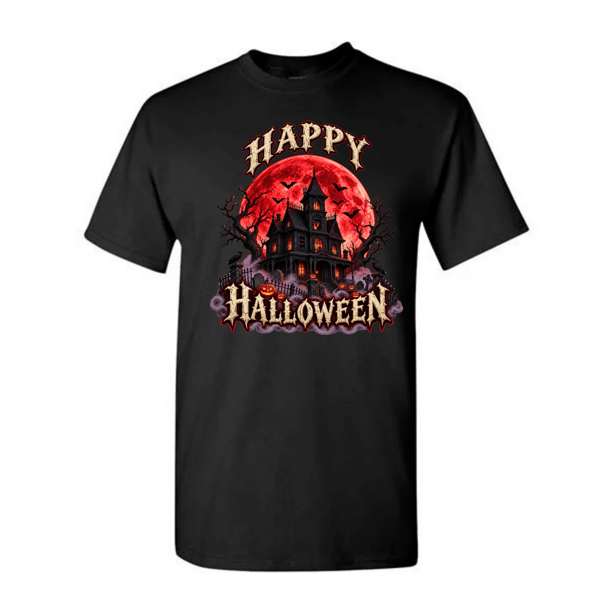 A black short-sleeve crewneck t-shirt featuring a graphic print of a haunted house in front of a red full moon, with the text 'HAPPY HALLOWEEN' in a stylized font.