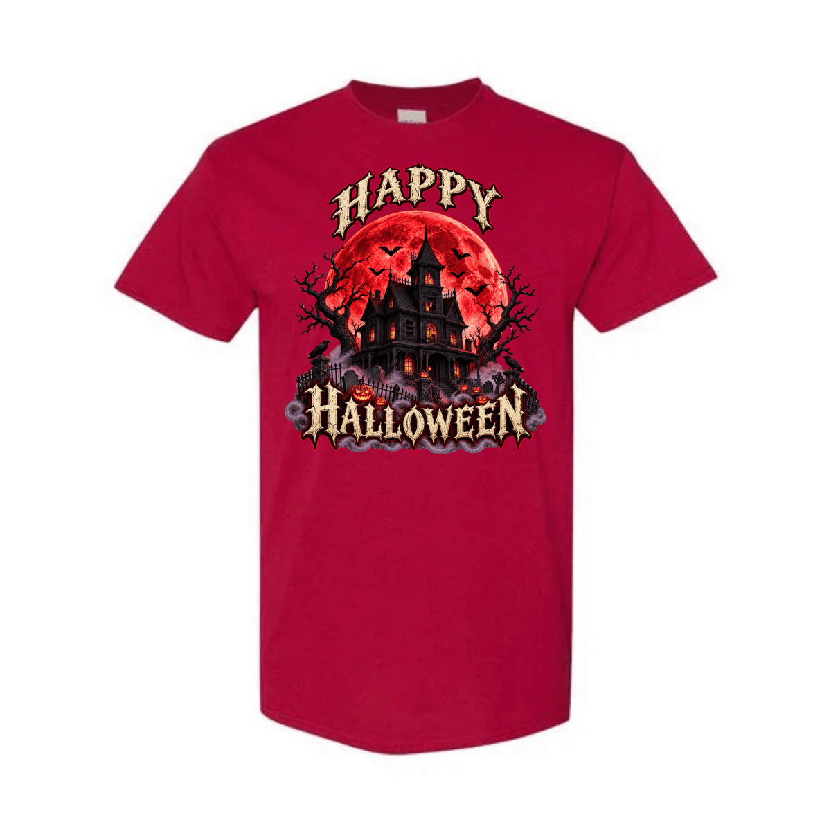 A red short-sleeve crewneck t-shirt featuring a Halloween graphic print on the front with a haunted house, bats, a full moon, and the text 'HAPPY HALLOWEEN'.