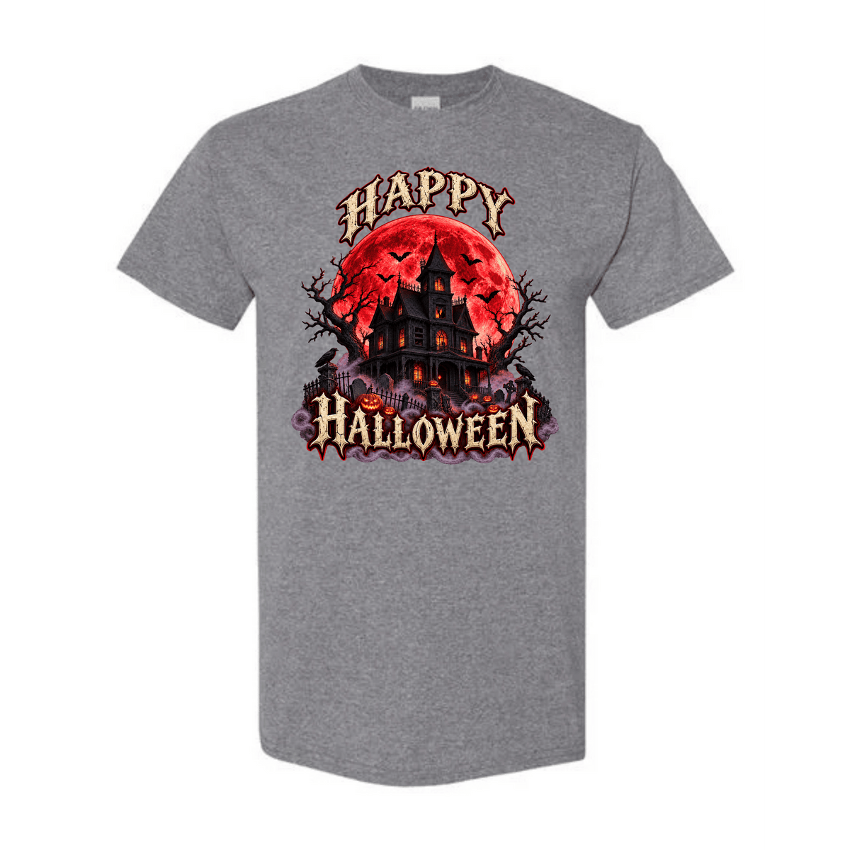 Gray cotton tee featuring a vintage "Happy Halloween" graphic with a spooky haunted house silhouette set against a large red strawberry moon and flying bats.