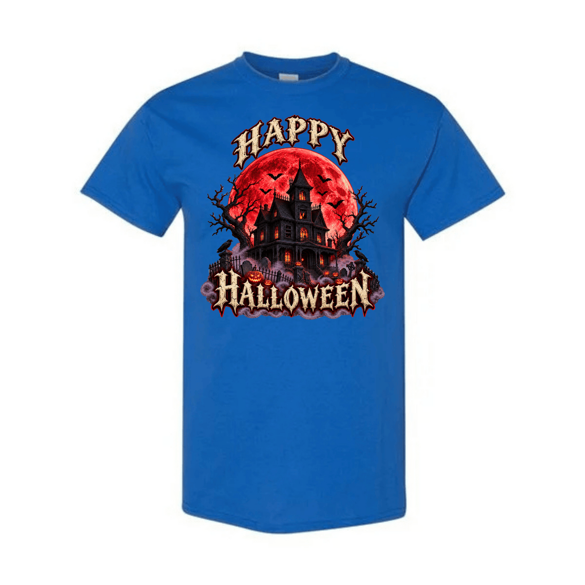A royal blue short-sleeve crewneck t-shirt featuring a Halloween graphic on the chest with a haunted house, a red full moon, and the text 'HAPPY HALLOWEEN'.