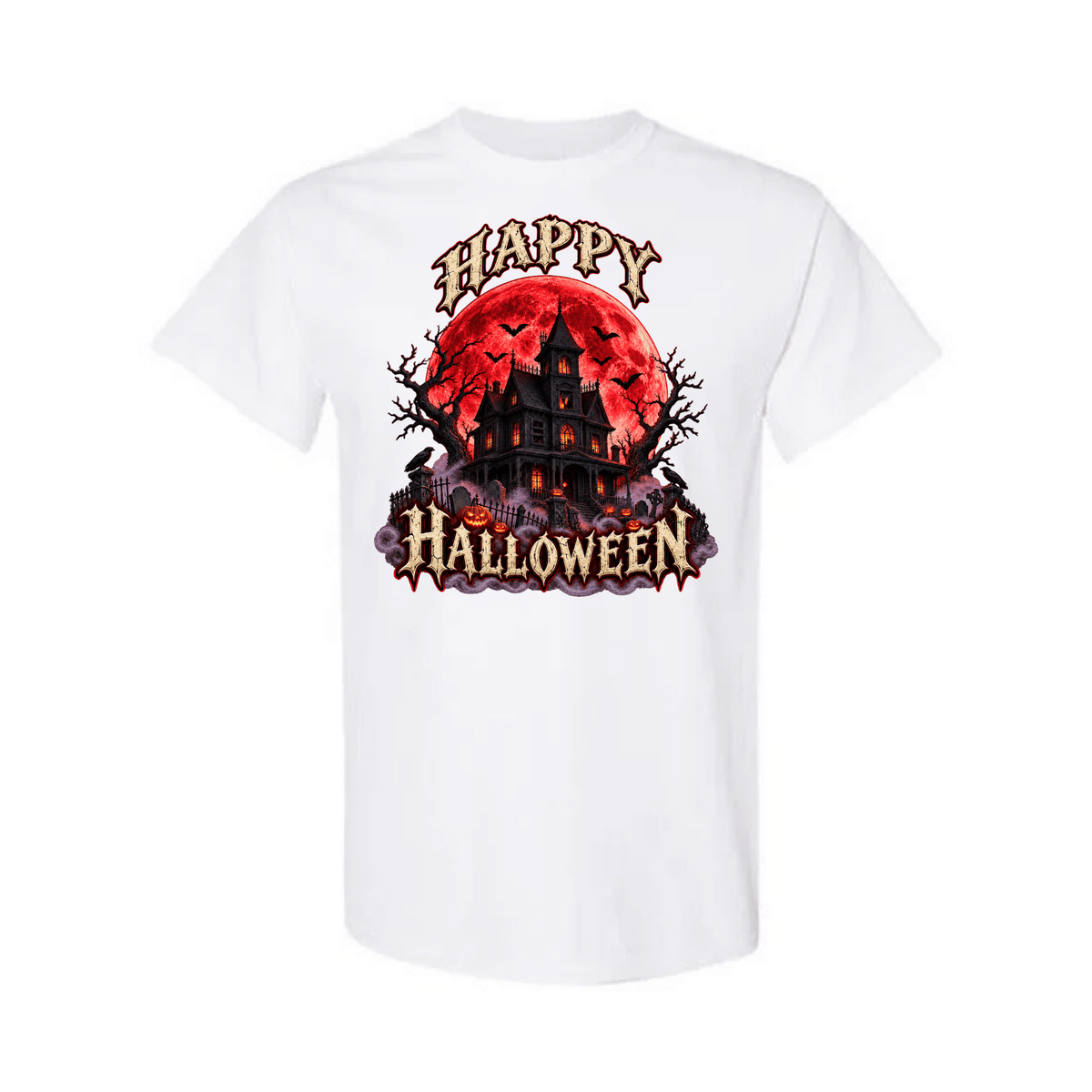 A white short-sleeve crewneck t-shirt featuring a graphic print of a haunted house in front of a red full moon, with the text 'HAPPY HALLOWEEN' in a spooky font.