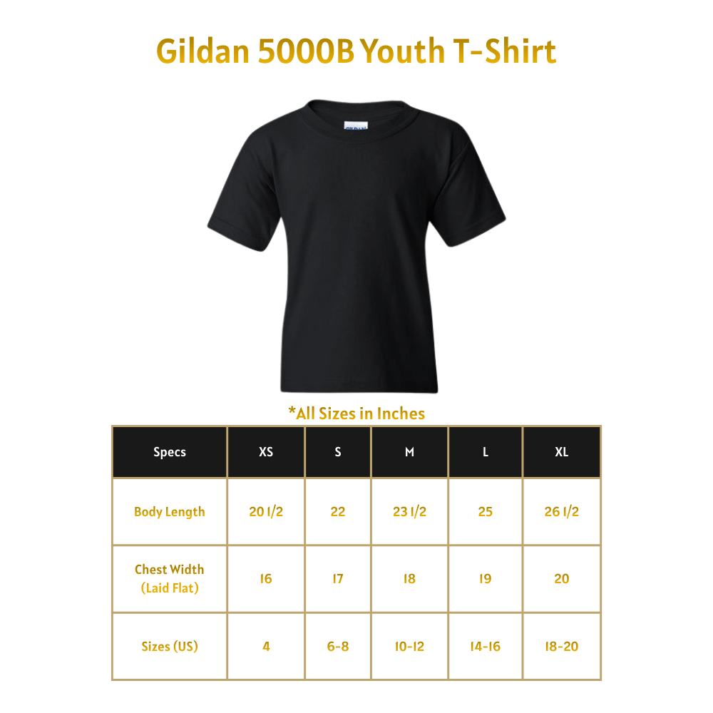 Black Gildan 5000B Youth T-Shirt with size chart on a green background