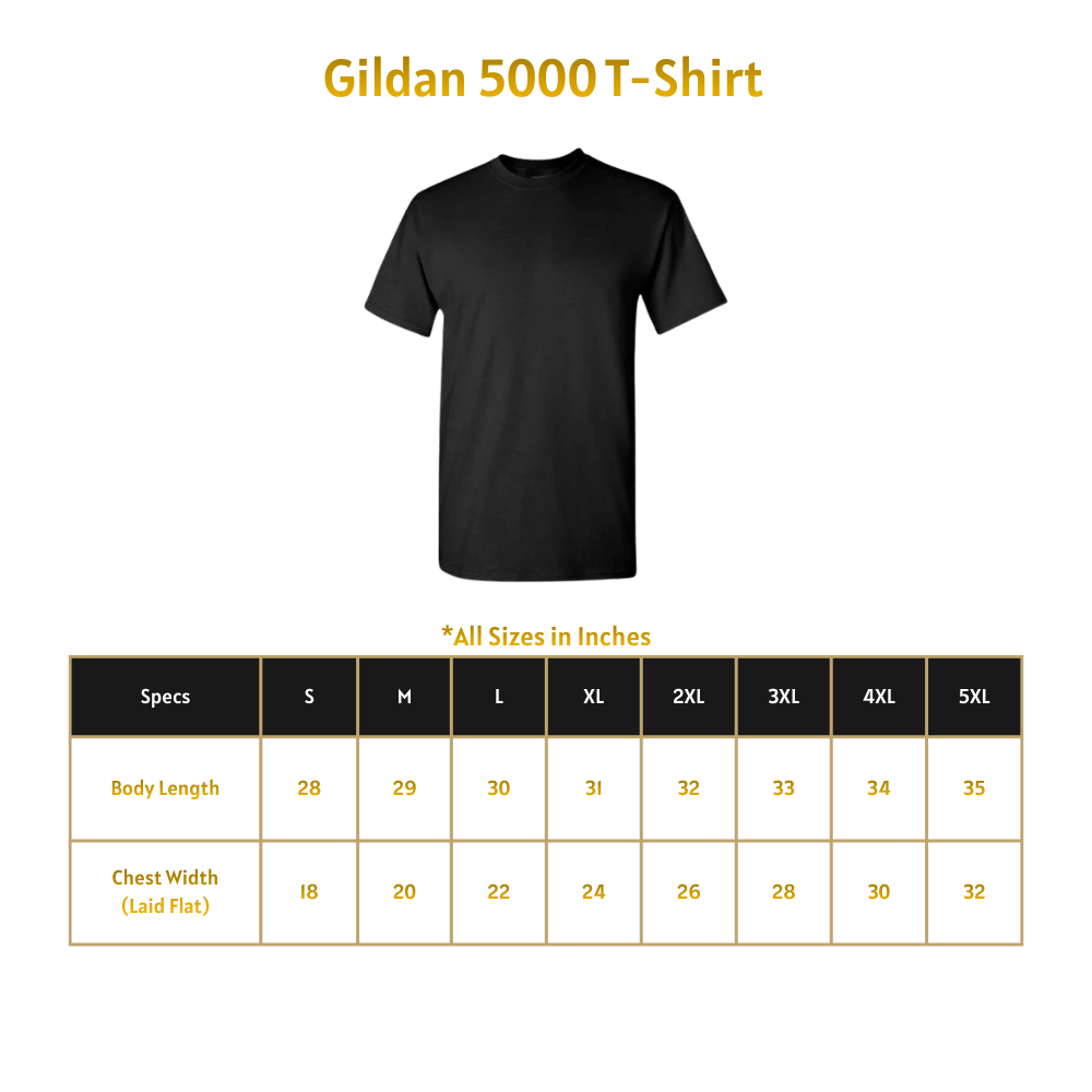 Black Gildan 5000 T-shirt with size chart on a green background