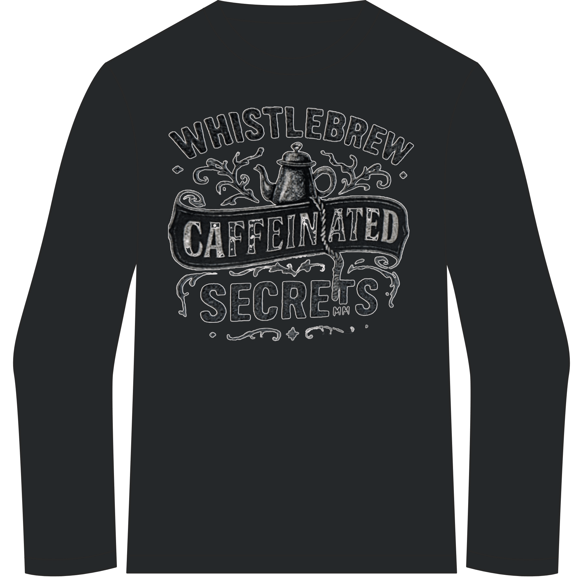 Black long-sleeve shirt with white graphic and text on a green background