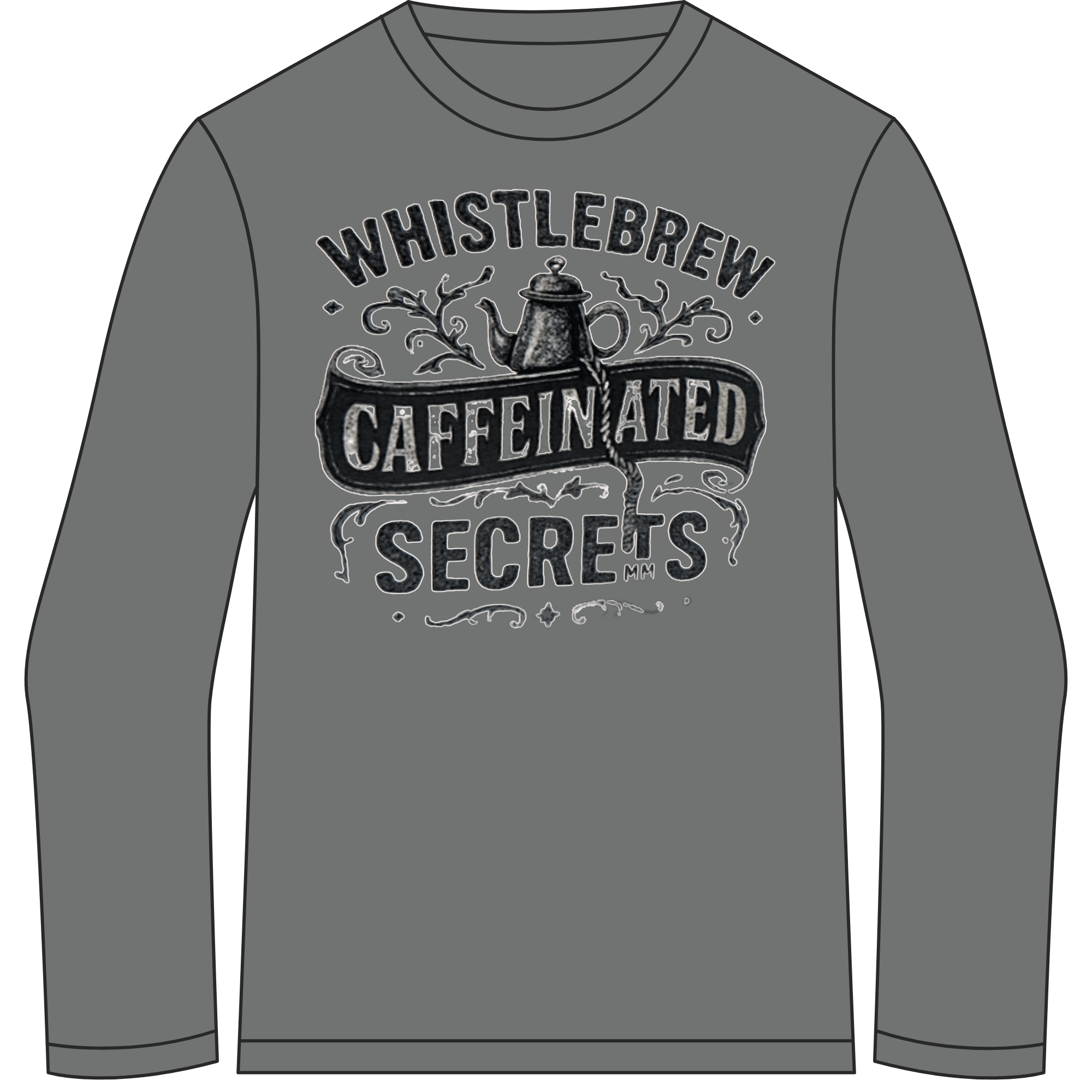Gray long-sleeve shirt with 'Whistlebrew Caffeinated Secrets' text and graphic on a green background