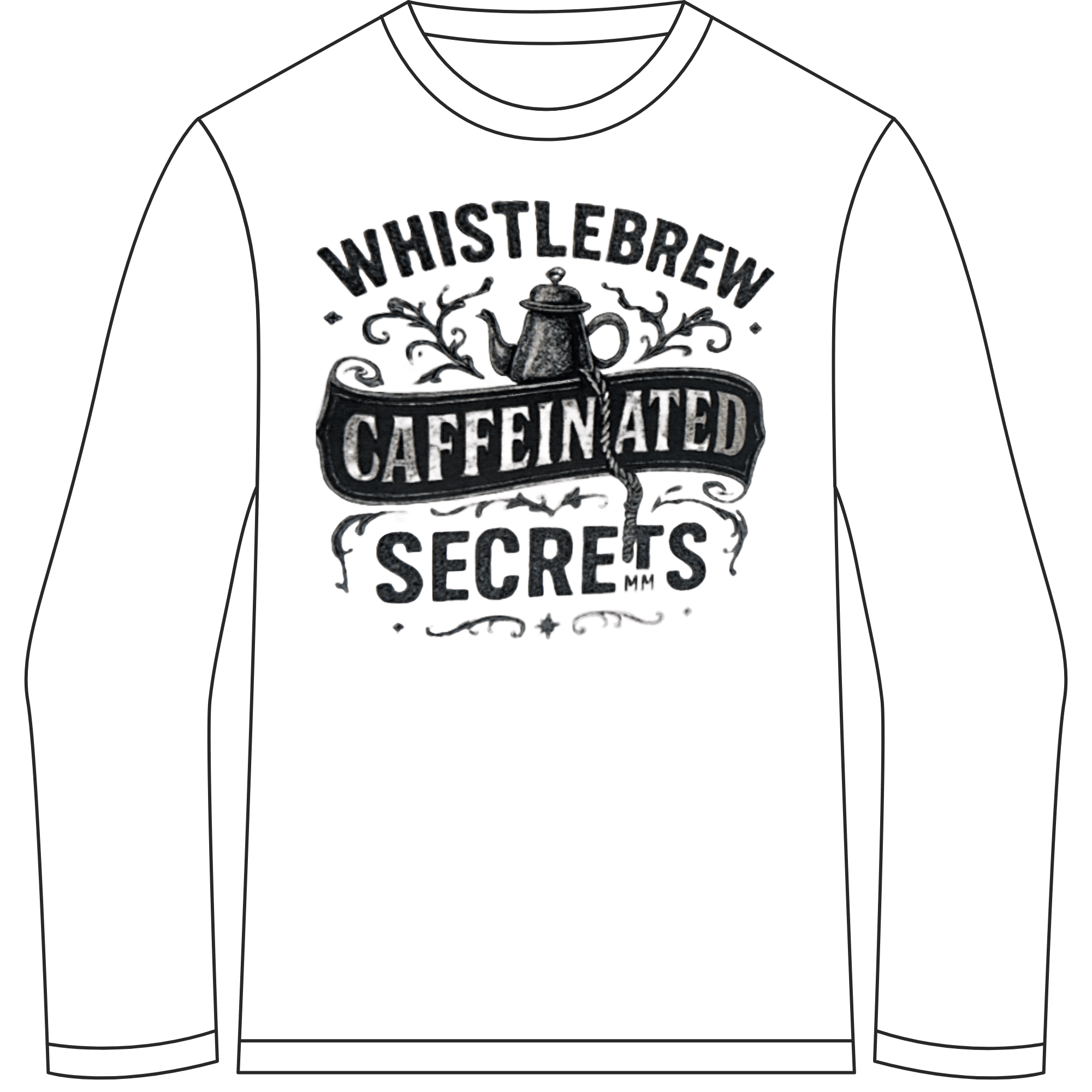 White long-sleeve shirt with black text and graphics on a green background
