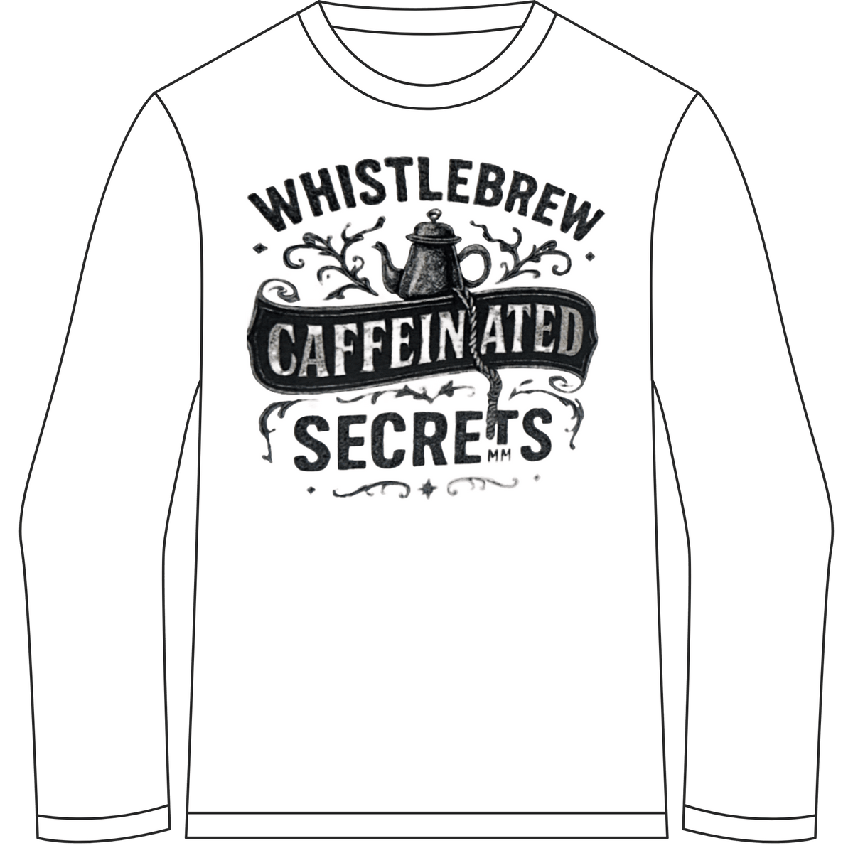 White long-sleeve shirt with black text and graphics on a green background