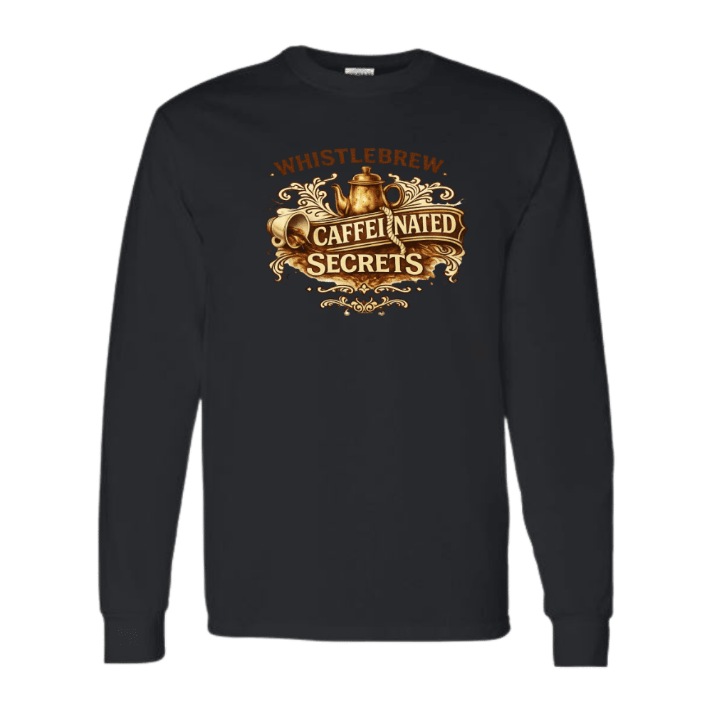Black long-sleeve shirt with gold and brown graphic design on a white background