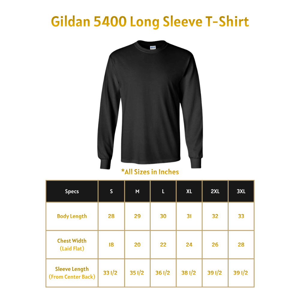 Black long-sleeve t-shirt with size chart on a green background
