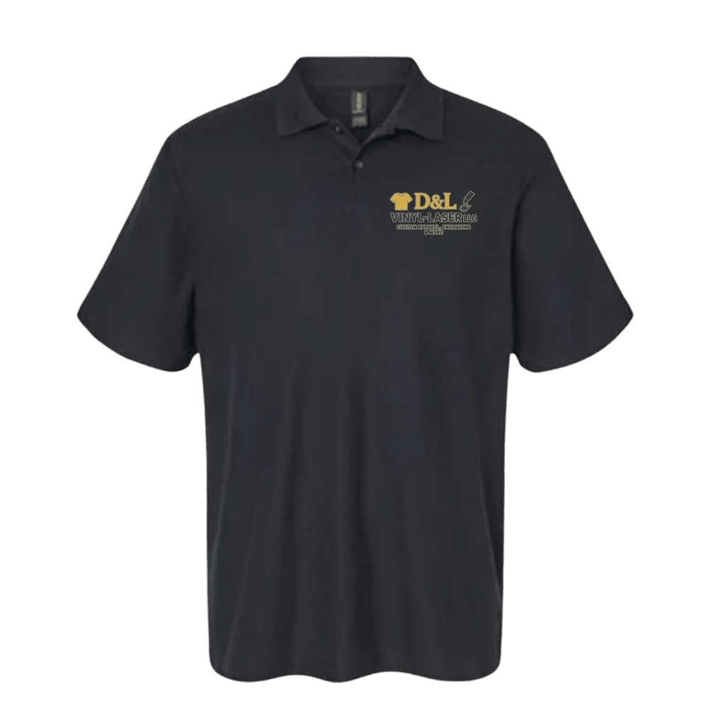 Black polo shirt with a logo on a transparent background