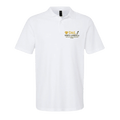 White polo shirt with a logo on a green background