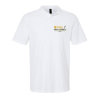 White polo shirt with a logo on a green background