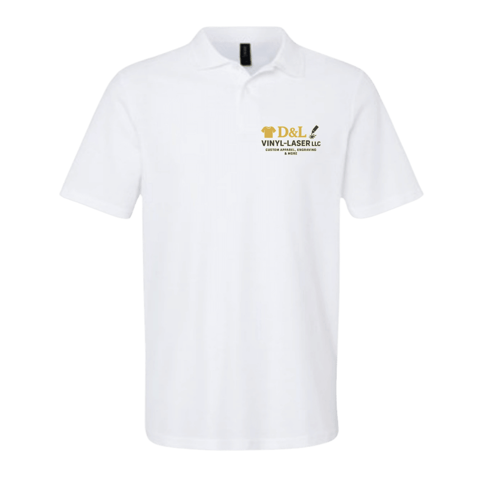 White polo shirt with a logo on a green background