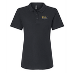 Black polo shirt with a logo on a white background