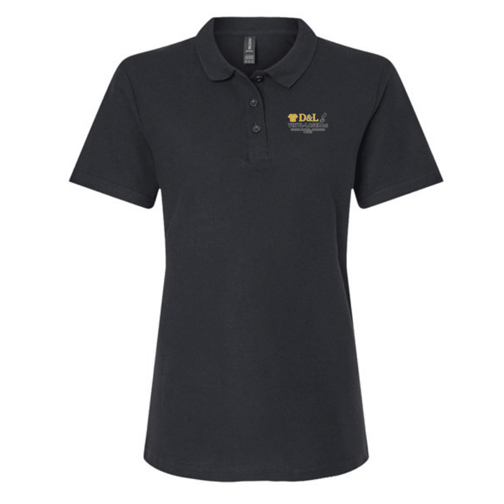 Black polo shirt with a logo on a white background