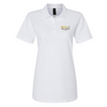 White polo shirt with a logo on a white background