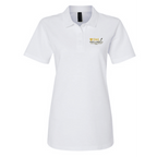 White polo shirt with a logo on a white background