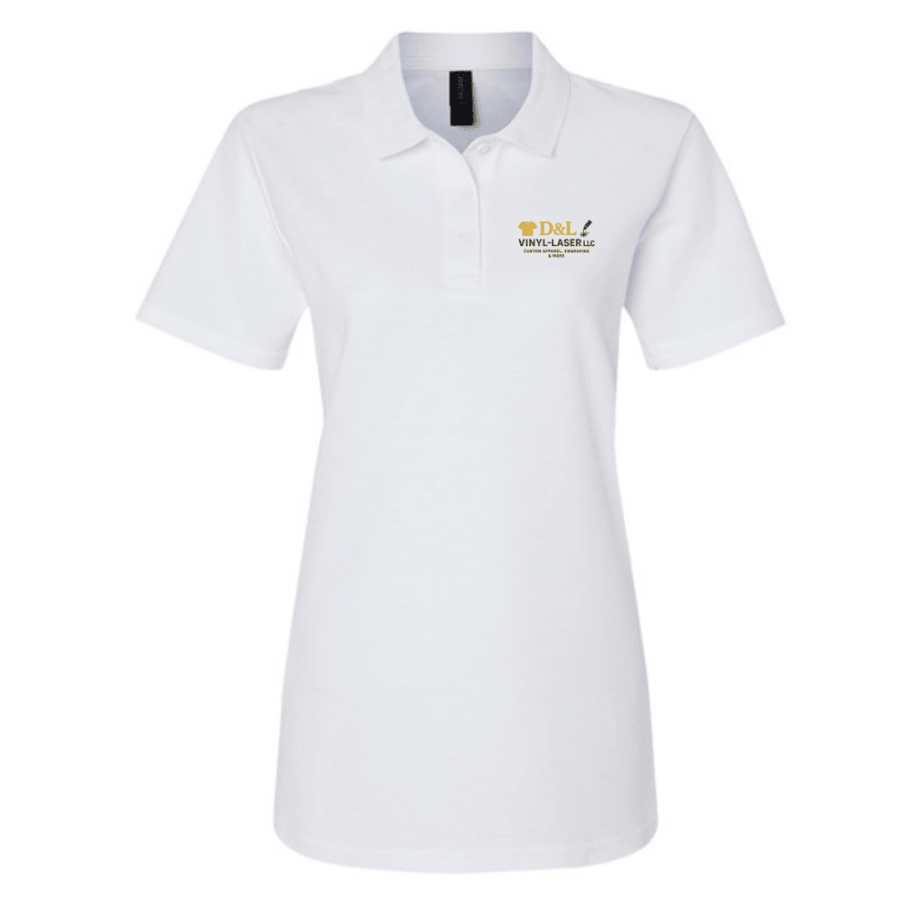 White polo shirt with a logo on a white background