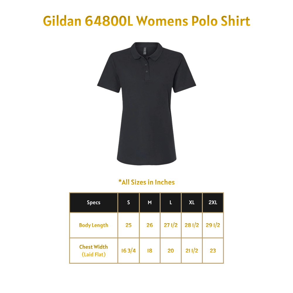 Black Gildan 64800L women's polo shirt with size chart on a green background
