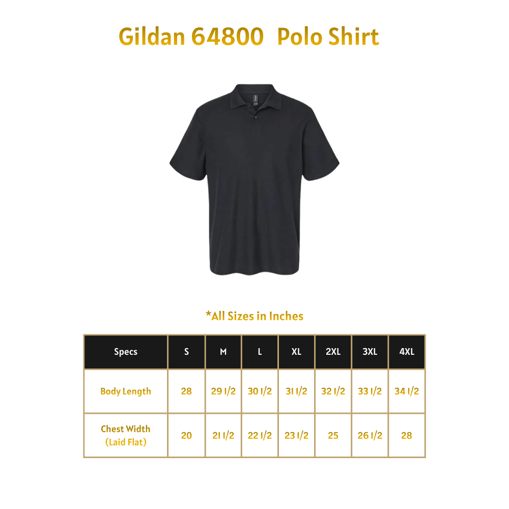 Black polo shirt with Gildan 64800 label and size chart on a green background