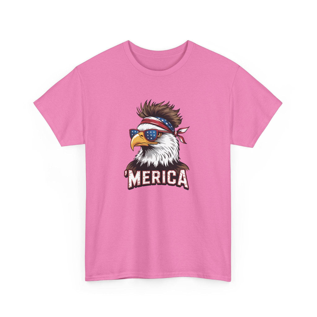 Merica Bald Eagle graphic tee on pink shirt with patriotic eagle wearing sunglasses and a bandana.
