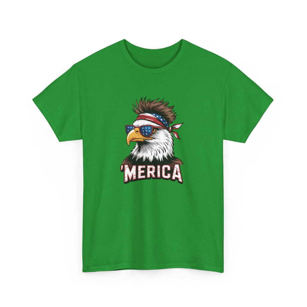 Green T-shirt featuring a bold bald eagle with star-spangled sunglasses and a red, white, and blue bandana, MERICA text.