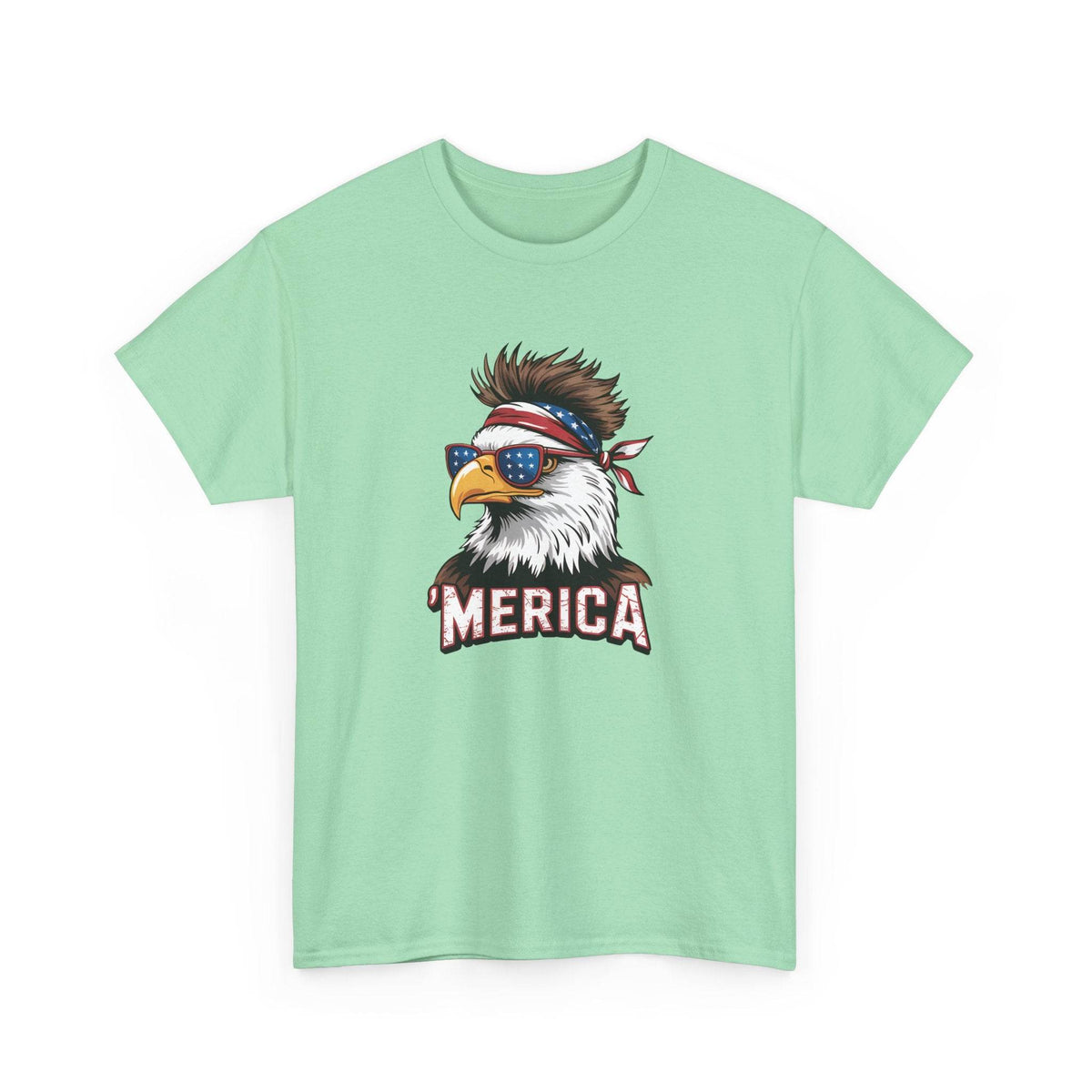 Merica bald eagle graphic on mint green t-shirt with sunglasses, bandana, and bold MERICA text.
