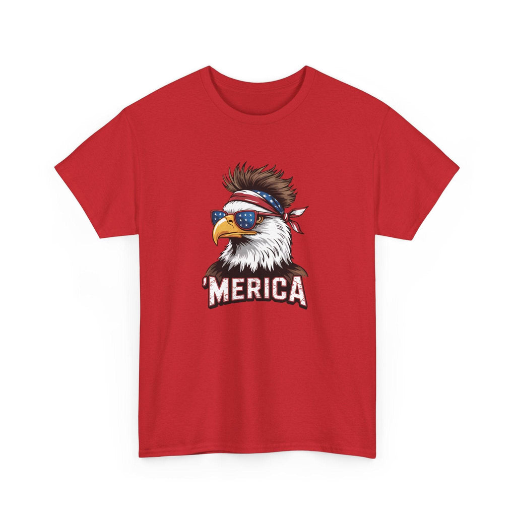 Red T-shirt with a patriotic bald eagle wearing a bandana and star-spangled sunglasses, MERICA.