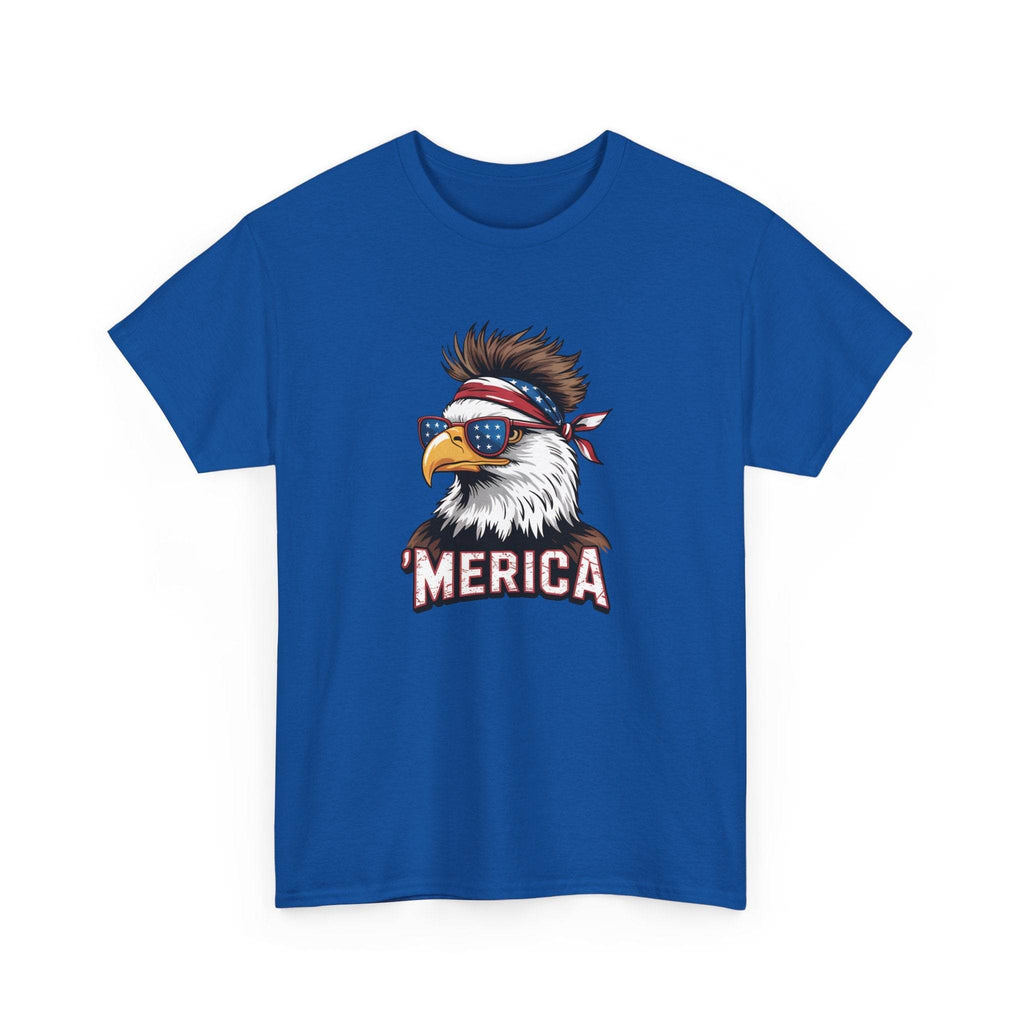 Merica Bald Eagle shirt on blue tee featuring patriotic bald eagle with bandana and star-spangled sunglasses.
