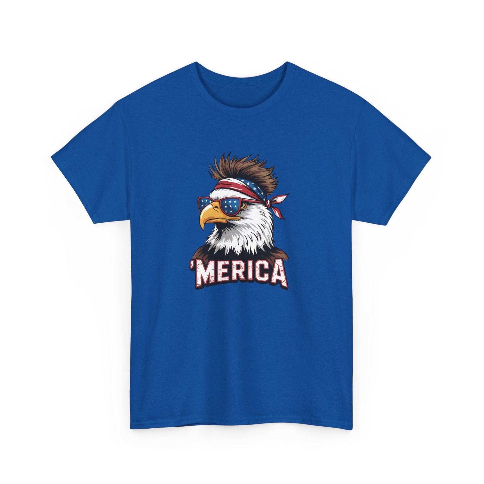 Merica Bald Eagle shirt on blue tee featuring patriotic bald eagle with bandana and star-spangled sunglasses.