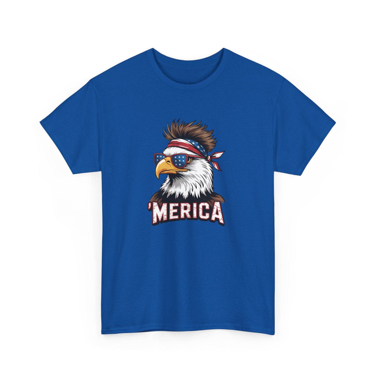 Merica Bald Eagle shirt on blue tee featuring patriotic bald eagle with bandana and star-spangled sunglasses.