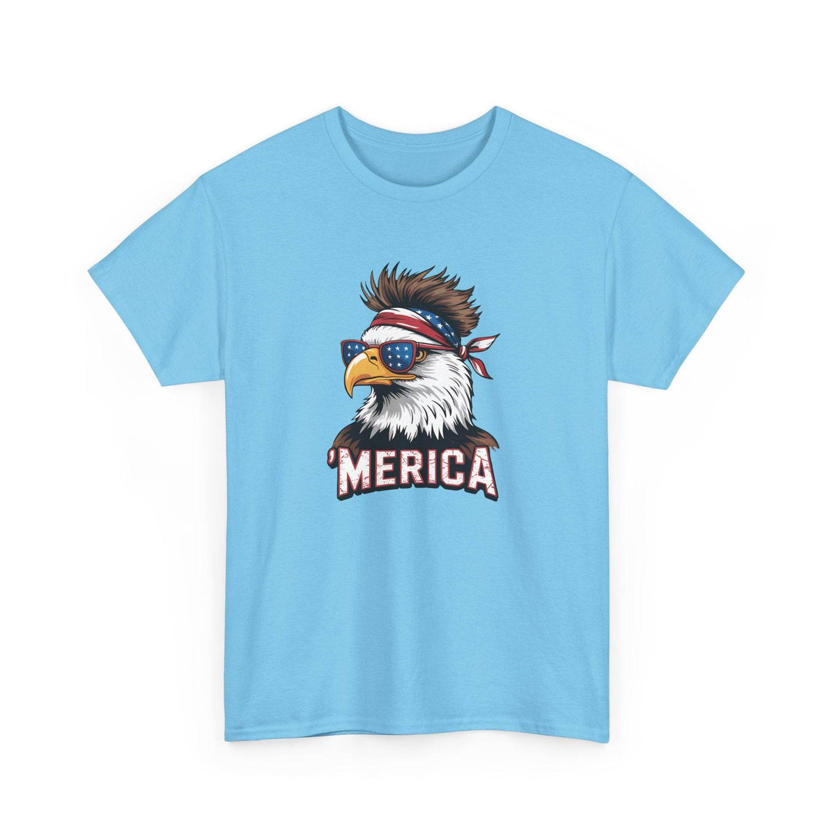 Merica Bald Eagle shirt with patriotic bald eagle wearing sunglasses and a bandana, MERICA text.