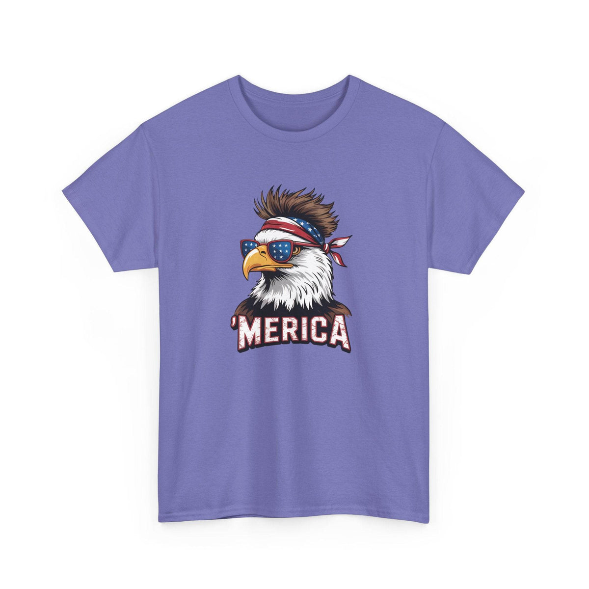 Purple tee featuring a patriotic bald eagle with bandana and star-spangled sunglasses and 'MERICA' text.
