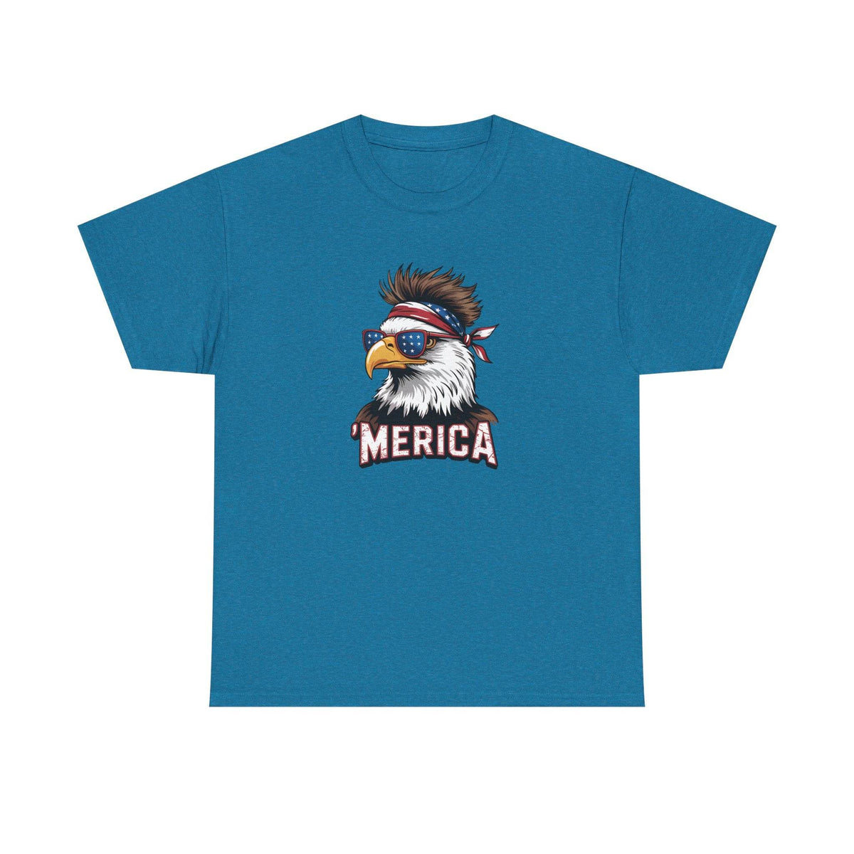 Blue Merica Bald Eagle shirt featuring patriotic eagle with bandana and star-spangled sunglasses, MERICA text