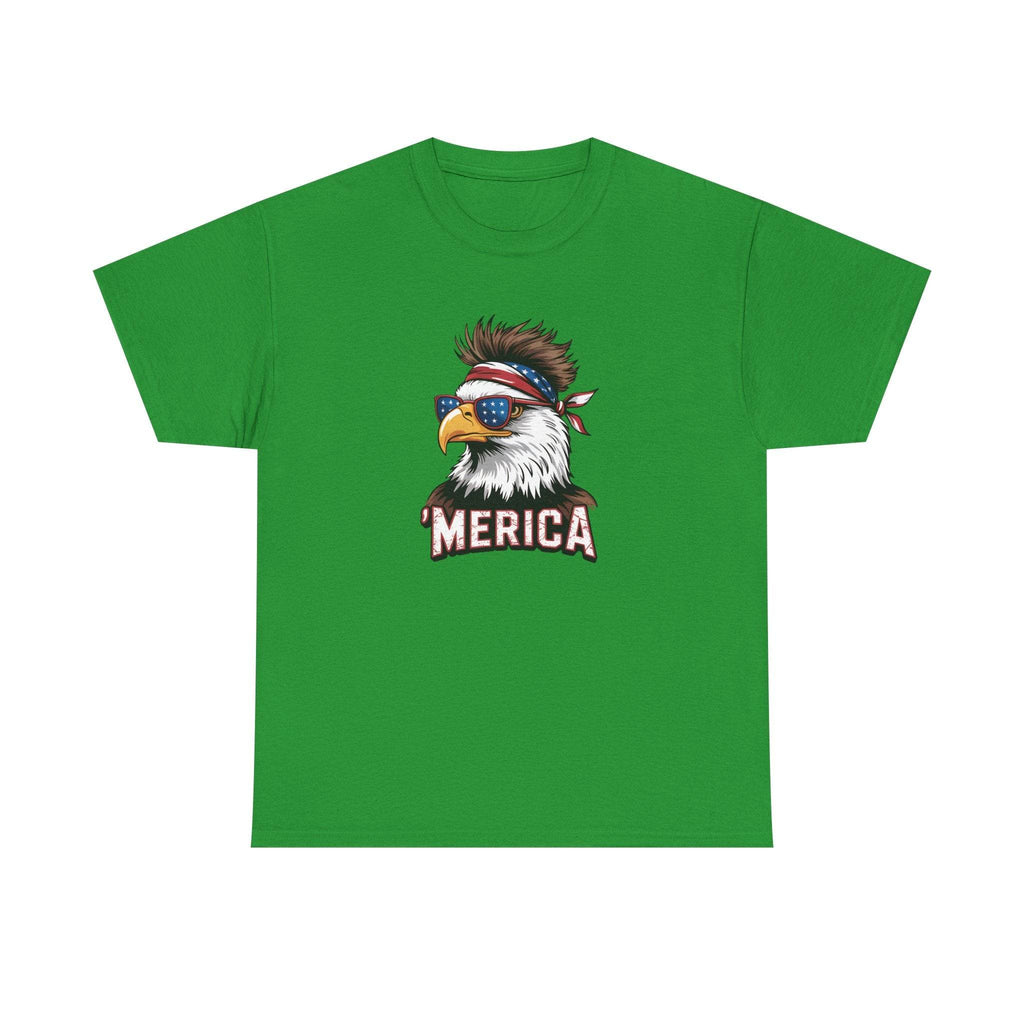 Merica Bald Eagle Shirt for Patriotic Americans: green tee with bald eagle wearing sunglasses and star-spangled bandana.