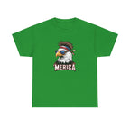 Merica Bald Eagle Shirt for Patriotic Americans: green tee with bald eagle wearing sunglasses and star-spangled bandana.