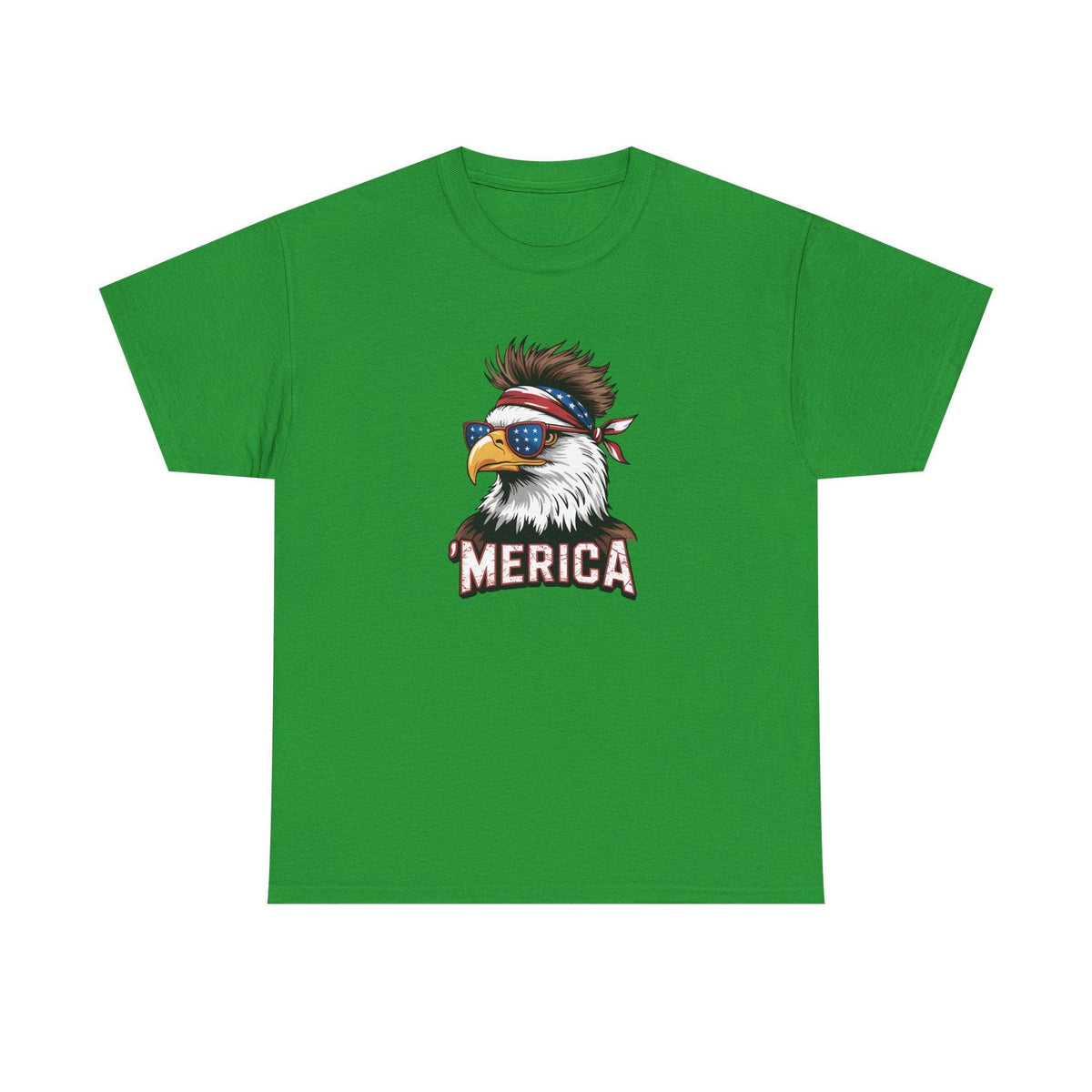 Merica Bald Eagle Shirt for Patriotic Americans: green tee with bald eagle wearing sunglasses and star-spangled bandana.