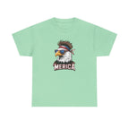 Bald eagle wearing star-spangled sunglasses and bandana with MERICA on a mint-green T-shirt
