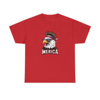 Red T-shirt featuring a bald eagle with bandana and star-spangled sunglasses, bold MERICA text.