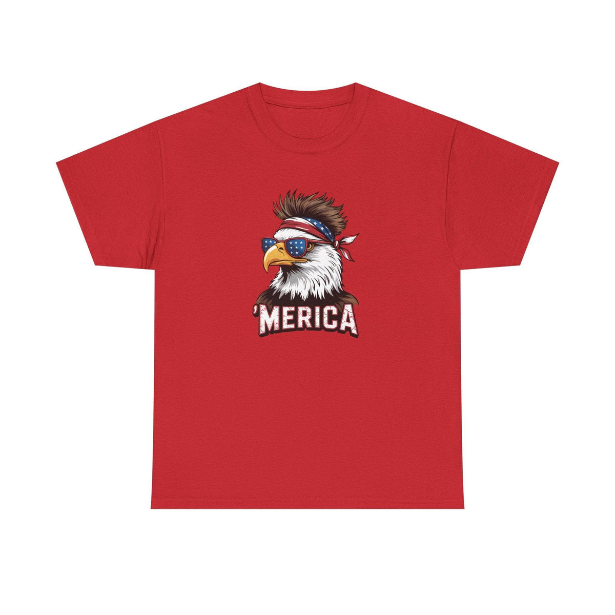 Red T-shirt featuring a bald eagle with bandana and star-spangled sunglasses, bold MERICA text.
