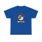 Blue t-shirt featuring a patriotic bald eagle wearing sunglasses and a bandana, with 'MERICA' text.