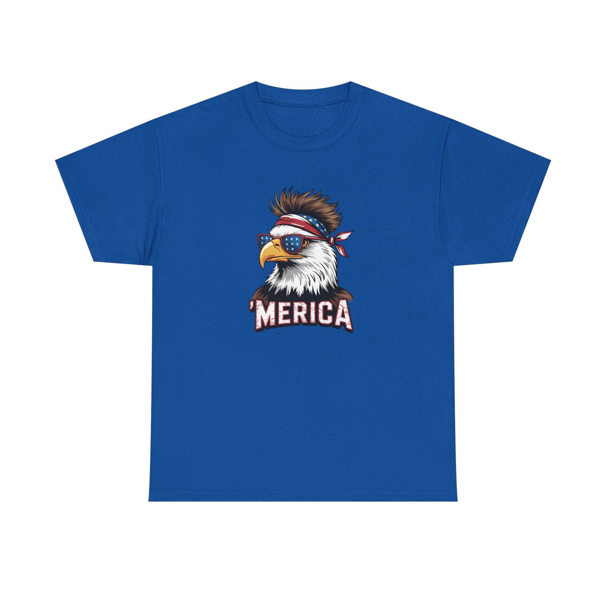 Blue t-shirt featuring a patriotic bald eagle wearing sunglasses and a bandana, with 'MERICA' text.