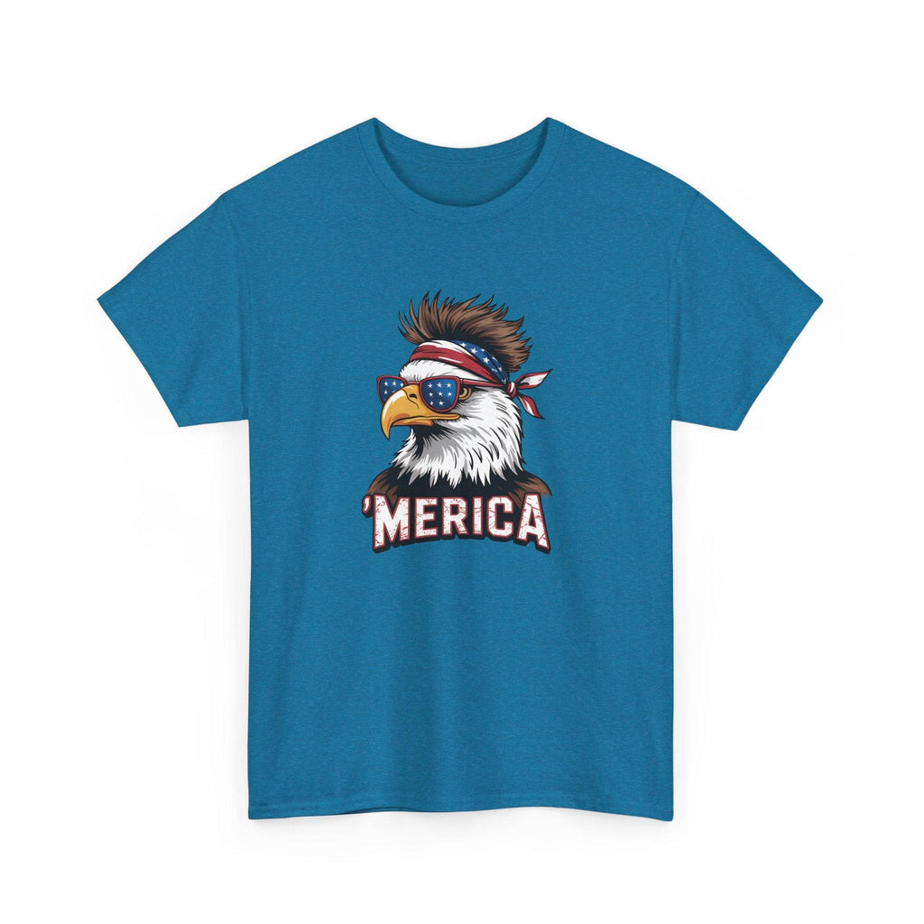 Merica bald eagle graphic on a teal tee with star-spangled sunglasses and bandana.
