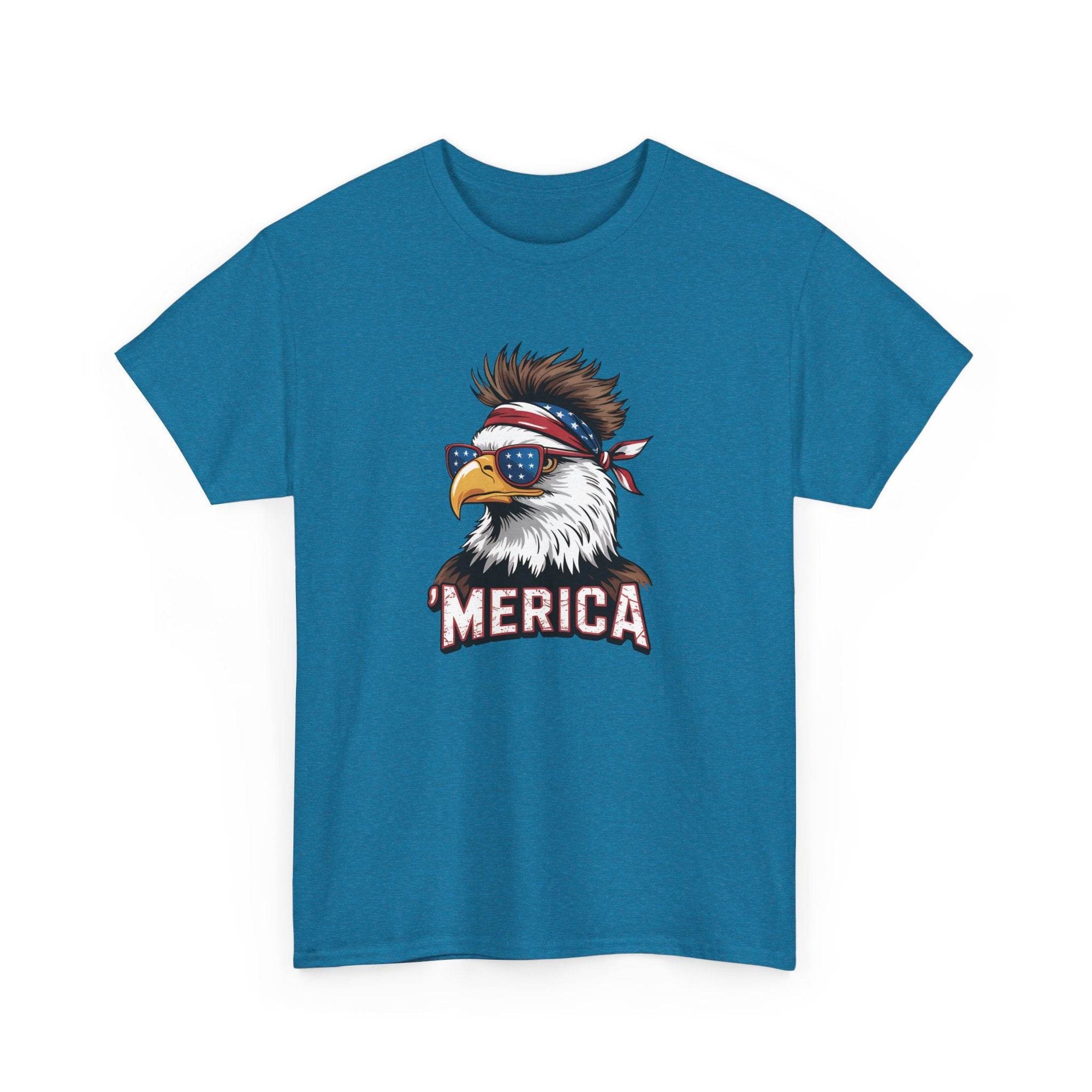 Merica bald eagle graphic on a teal tee with star-spangled sunglasses and bandana.