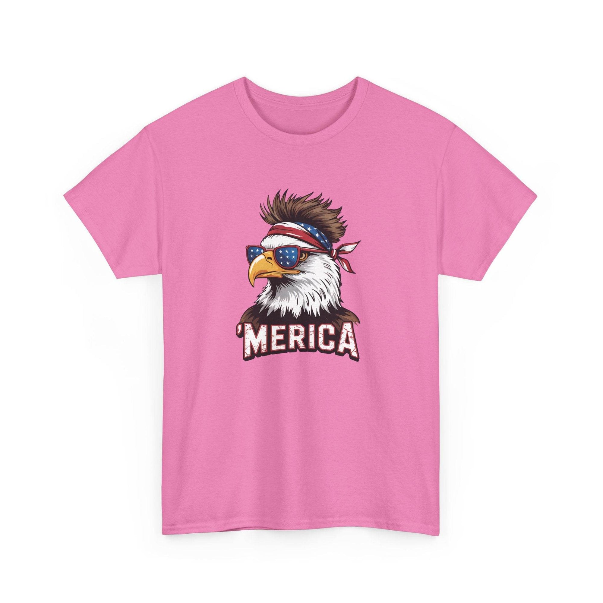 Merica Bald Eagle graphic tee on pink shirt with patriotic eagle wearing sunglasses and a bandana.
