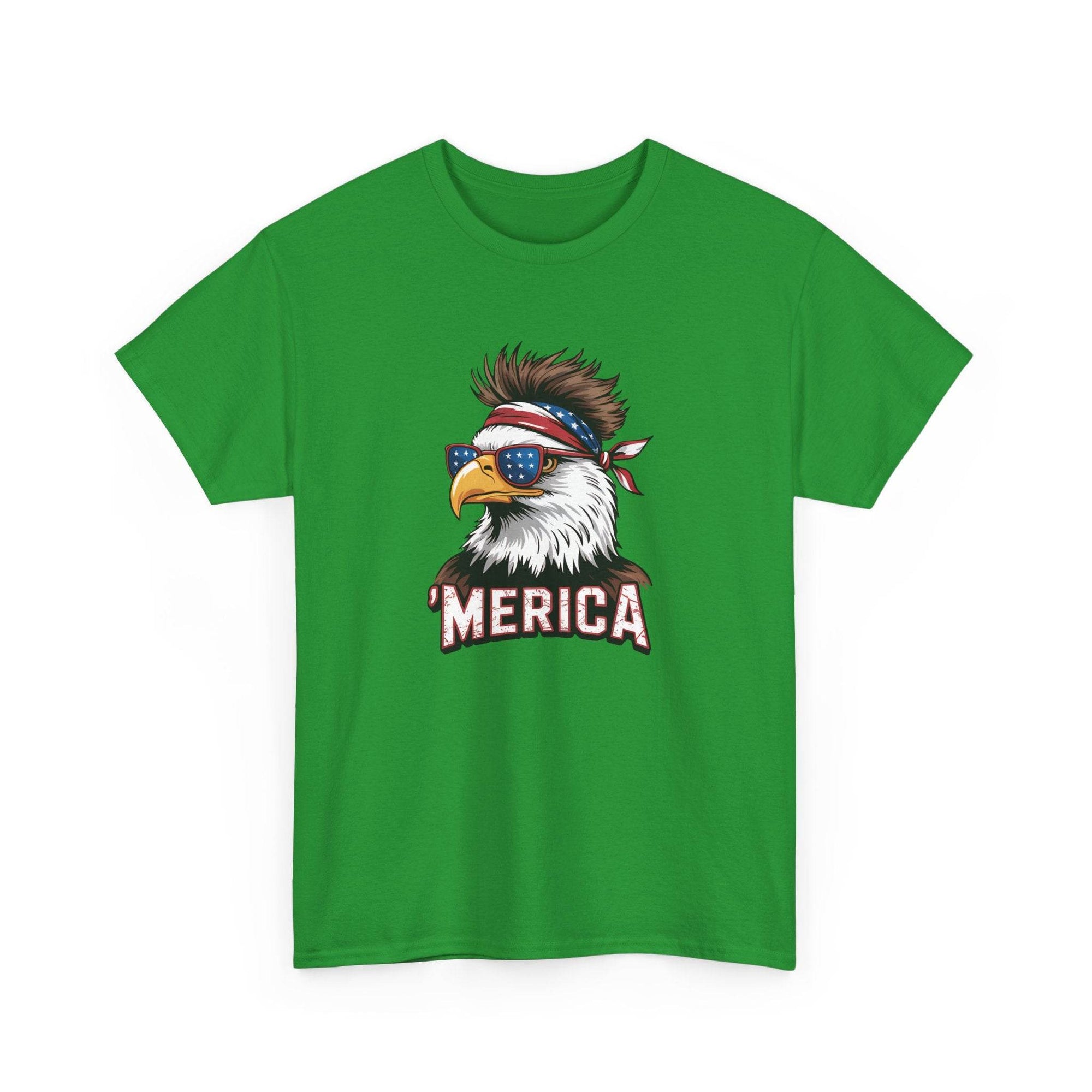 Green T-shirt featuring a bold bald eagle with star-spangled sunglasses and a red, white, and blue bandana, MERICA text.
